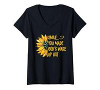 Womens Smile You Made God's Wake Up List Christian Jesus Sunflower V-Neck T-Shirt