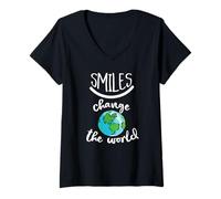 Womens Smiles Change The World Earth Day Teacher V-Neck T-Shirt
