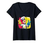 Women's Smiling Chef Double Peace Retro Pop Character Graphic Sign V-Neck T-Shirt