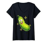 Women's Smiling Dill Pickle Cartoon Funny Sparkle Graphic V-Neck T-Shirt