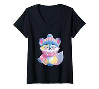 Women's Smiling Fox Winter Cute Animal Portrait Graphic Blue Fur V-Neck T-Shirt