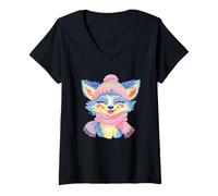 Women's Smiling Fox Winter Cute Animal Portrait Graphic Blue Fur V-Neck T-Shirt