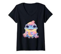 Women's Smiling Frog Winter Cute Animal Portrait Graphic Blue Pink V-Neck T-Shirt