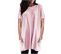 Womens Smock Tops Long Top to Wear with Leggings Round Neck Short Sleeve Tops Solid Color T-Shirt Longline Top Oversized Tees Summer Pocket Shirt Blouse Ladies Summer Pullover Size 14 Khaki XL