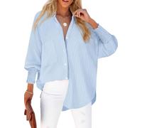Womens Smocked Cuffed Striped Boyfriend Shirt Casual Collar Long Sleeve Oversized Button Down Blouse Tops with Pocket Shirred, 670 Light Blue, L