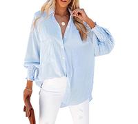 Womens Smocked Cuffed Striped Boyfriend Shirt Casual Collar Long Sleeve Oversized Button Down Blouse Tops with Pocket Shirred, Blue, M