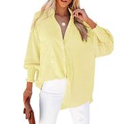 Womens Smocked Cuffed Striped Boyfriend Shirt Casual Collar Long Sleeve Oversized Button Down Blouse Tops with Pocket Shirred, Yellow01, M