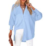 Womens Smocked Cuffed Striped Boyfriend Shirt Casual Collar Long Sleeve Oversized Button Down Blouse Tops with Pocket Shirred, Solid Blue, XXL