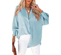 Women's Smocked Cuffed Striped Boyfriend Shirt with Pocket Casual Collar Long Sleeve Blouse Tops for Pocket Shirred, Z Blue, S