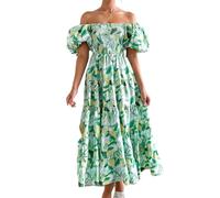 Women's Smocked Midi Dress - Floral Print Puff Sleeves A-line High Waist Boho Long Swing Dresses Elegant Square Neck Ruffle Beach Dress, #6, S