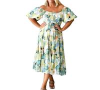 Women's Smocked Midi Dress - Floral Print Puff Sleeves A-line High Waist Boho Long Swing Dresses Elegant Square Neck Ruffle Beach Dress, #7, XL