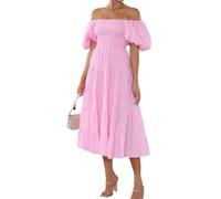 Women's Smocked Midi Dress - Floral Print Puff Sleeves A-line High Waist Boho Long Swing Dresses Elegant Square Neck Ruffle Beach Dress, pink, L
