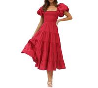 Women's Smocked Midi Dress - Floral Print Puff Sleeves A-line High Waist Boho Long Swing Dresses Elegant Square Neck Ruffle Beach Dress, red, L