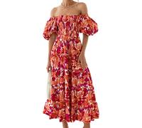 Women's Smocked Midi Dress - Floral Print Puff Sleeves A-line High Waist Boho Long Swing Dresses Elegant Square Neck Ruffle Beach Dress, #2, S