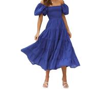 Women's Smocked Midi Dress - Floral Print Puff Sleeves A-line High Waist Boho Long Swing Dresses Elegant Square Neck Ruffle Beach Dress, navy, S