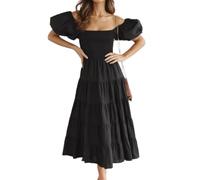 Women's Smocked Midi Dress - Floral Print Puff Sleeves A-line High Waist Boho Long Swing Dresses Elegant Square Neck Ruffle Beach Dress, black, XL