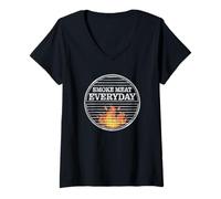 Womens Smoke Meat Everyday Funny BBQ Pitmaster Flame Design V-Neck T-Shirt