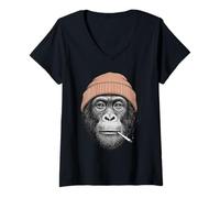 Women's Smoking Bonobo Meme Monkey Face Orange Beanie Grunge Bonobo V-Neck T-Shirt