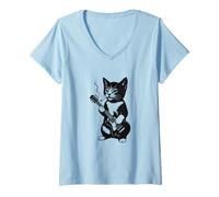 Womens Smoking Cat Punk Rock Y2K Kitten Tee 90s Grunge Aesthetic V-Neck T-Shirt