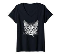 Women's Smoking Tabby Cat Funny Moggy Face Y2K Meme Grunge Vintage V-Neck T-Shirt