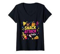 Women's Snack Attack Funny Food Flamingo Children Kids Shark School V-Neck T-Shirt