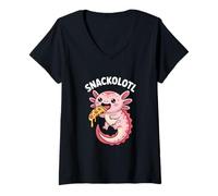 Womens Snackolotl Cute Axolotl Eating Pizza Cartoon Meme V-Neck T-Shirt