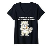 Women's Snacks First Feelings Later Raccoon V-Neck T-Shirt