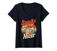 Womens Snacks Make Me Nicer Funny Fox Popcorn Meme Animal V-Neck T-Shirt