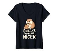 Women's Snacks Make Me Nicer, Hungry Cute Hamster Meme Funny V-Neck T-Shirt
