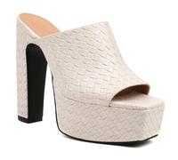 Women's Snake Embossed Platform Mule Sandals Chunky Block Heel Open Peep Toe Slip On Classic Dress Sandals High Heel Mule Shoes for Formal Wear & Evening Gathering,Beige,6.5 UK