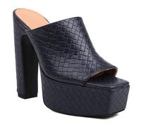 Women's Snake Embossed Platform Mule Sandals Chunky Block Heel Open Peep Toe Slip On Classic Dress Sandals High Heel Mule Shoes for Formal Wear & Evening Gathering,Blue,9 UK