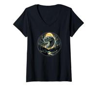 Women's Snake Looking at The Moon Mystic Reptile V-Neck T-Shirt