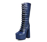 Women's Snake Print Fall Winter Knee High Boots with Cut-Out Details - Mid-Calf Boots for Concerts, Rave Wear, and Daily Fashion,Blue,5 UK