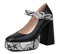 Women's Snakeskin Print Mary Jane High Heels Round Toe Chunky Block Heel Platform Pumps with Ankle Strap for Street Style Party and Casual Wear,Black,6.5 UK