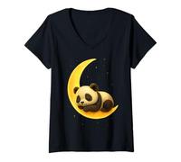 Womens Snoozing Panda on Crescent Moon Cute Dreamy Night Scene V-Neck T-Shirt