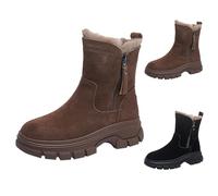 Women's Snow Boots, Lined and Waterproof Winter Boots, Flat PU Leather Snow Boots, Side Zip, Centre Tube Boots, Plush Slip-On Boots, Warm Winter Boots, Non-Slip Women's Boots, khaki, 2/2.5 UK