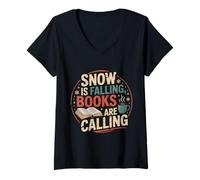 Womens Snow is Falling Books are Calling Cozy Winter Reading Design V-Neck T-Shirt