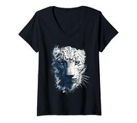 Womens Snow Leopard Face Wildlife Big Cats Splatter Art V-Neck T-Shirt
