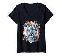 Women's Snow Leopard Floral Wildlife Portrait V-Neck T-Shirt