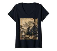 Women's Snow Leopard Samurai Tea Meal Katana Japanese Scroll Art V-Neck T-Shirt