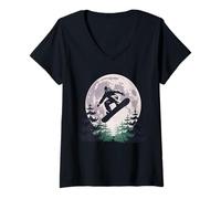 Women's Snowboard Under Full Moon Winter Night V-Neck T-Shirt