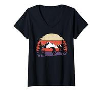 Womens Snowboarding Vintage Sunset Mountain Forest Snowboard V-Neck T-Shirt