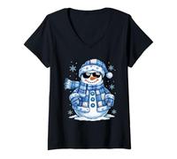 Womens Snowman Snowflake Patchwork Christmas Xmas Cozy Family Fun V-Neck T-Shirt