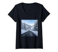 Women's Snowy Mountain Road Winter Scenic Landscape View V-Neck T-Shirt