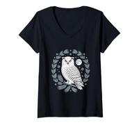 Womens Snowy Owl Moonlit Forest Night Cottagecore Wreath V-Neck T-Shirt