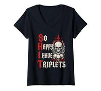 Women's So Happy I Have Triplets 2026 Pregnancy Triplets Mom V-Neck T-Shirt
