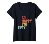 Womens So Happy I'm Fifty - Dad Mum 50th Birthday V-Neck T-Shirt