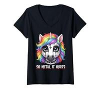 Womens So Metal It Hurts Cute Evil Unicorn Face V-Neck T-Shirt