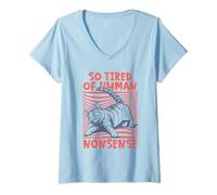 Womens So Tired of Human Nonsense Funny Grumpy Meme Cat Attitude V-Neck T-Shirt
