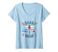 Women's Soar High Colorful Dragonfly Watercolor Insect Design V-Neck T-Shirt